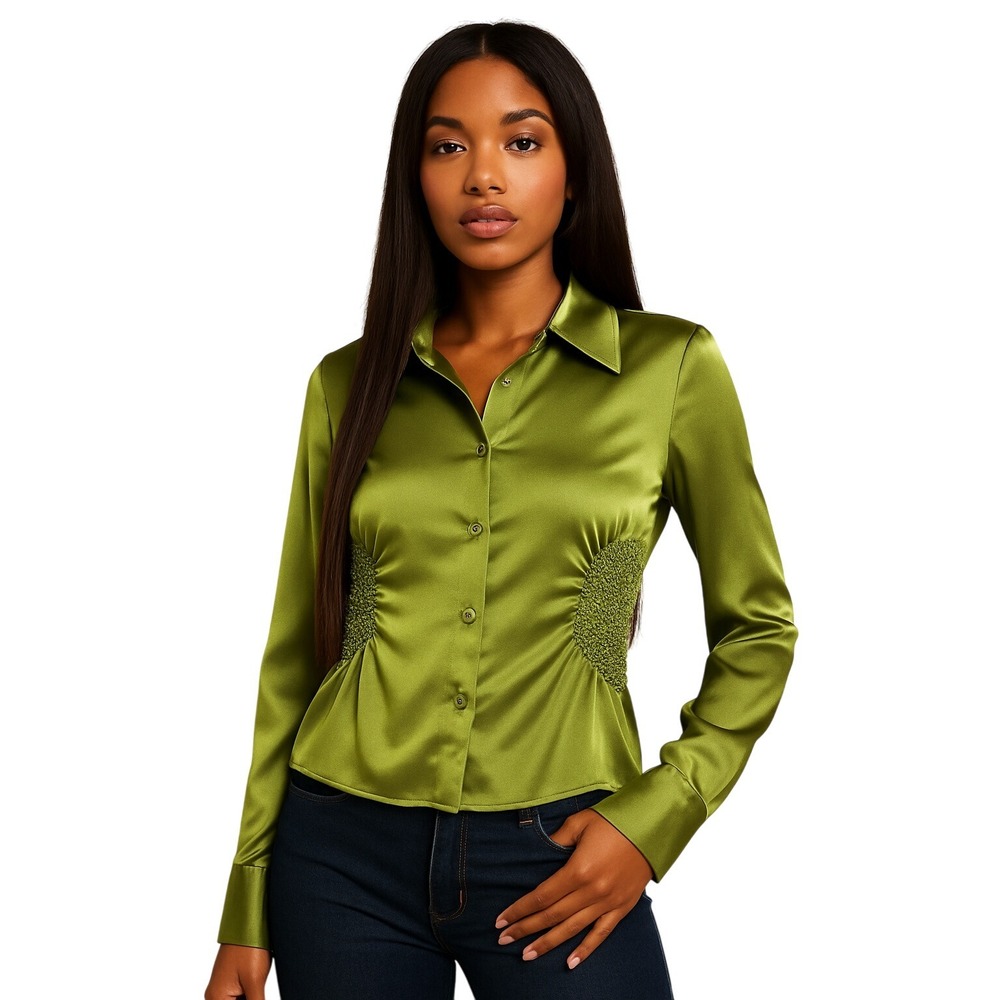 HERVE LEGER PARIS Y2K‎ Silk Button Front Top Green Long Sleeve Shirred Waist 4